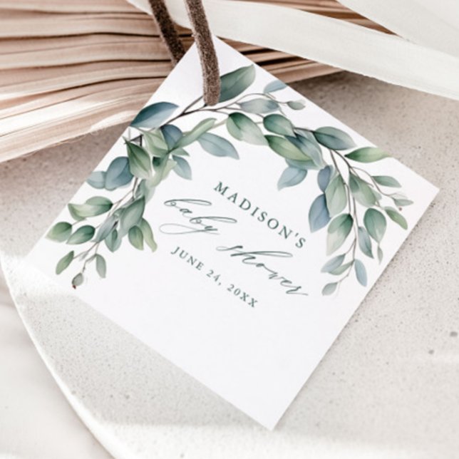 Étiquettes Cadeau Baby shower vert Eucalyptus (Elegant Eucalyptus Greenery Script Baby Shower Favor Tags.)