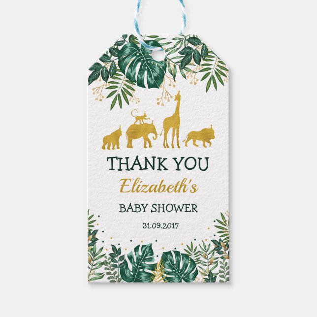 Étiquettes-cadeau Baby shower vert Gold Tropical Jungle Animaux (Devant)