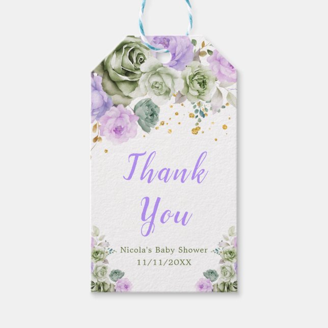 Étiquettes-cadeau Baby shower vert Sage et violet  Floral Merci (Devant)