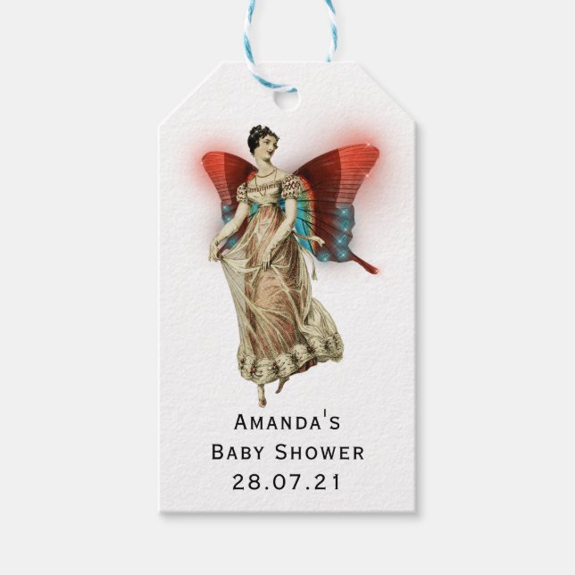 Étiquettes-cadeau Baby shower vintage à papillon brillant (Devant)