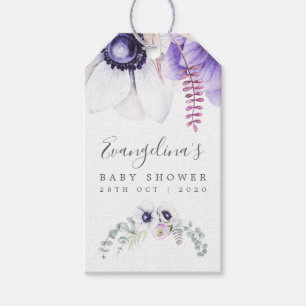 Étiquettes-cadeau Baby-shower violet poussiéreux avec motifs floraux