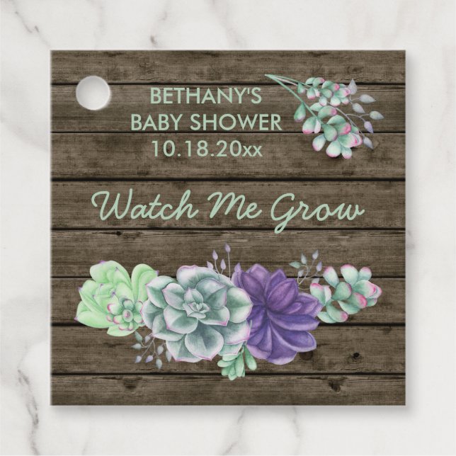 Étiquettes Cadeau Baby shower Watch Me Grow Rustic Succulent Plante (Devant)