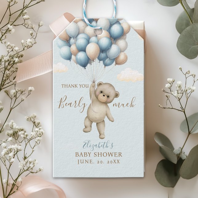 Étiquettes-cadeau Baby Shower – “We Can Bearly Wait” Bear with ballo (Créateur téléchargé)