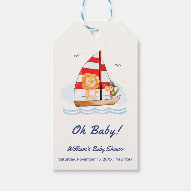 Étiquettes-cadeau Baby shower Whimsical Nautical Wild Lion (Devant)
