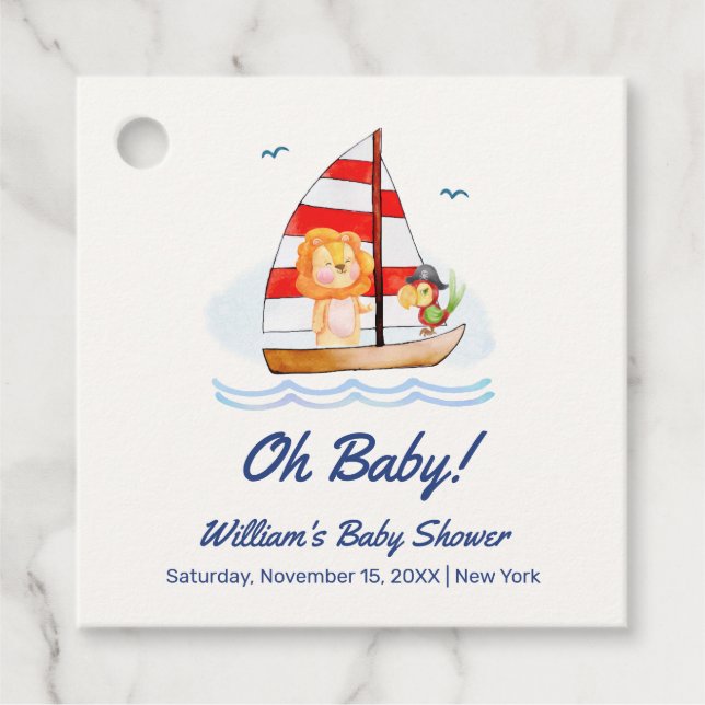 Étiquettes Cadeau Baby shower Whimsical Nautical Wild Lion (Devant)