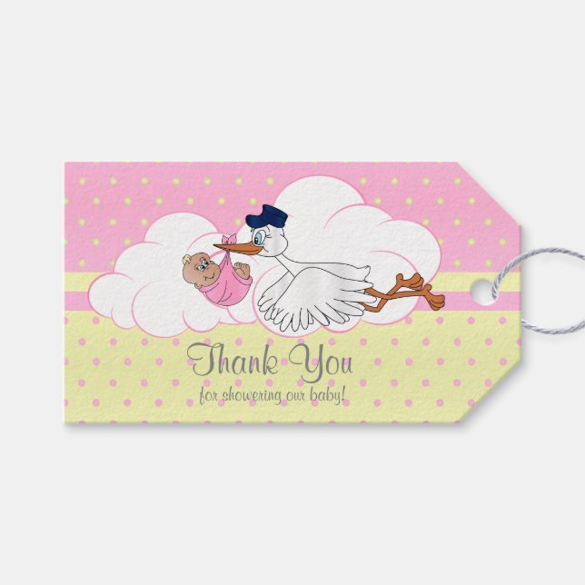 Étiquettes-cadeau Baby Stork Baby Girl Baby shower Merci (Devant (Horizontal))