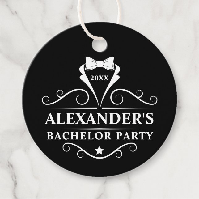 Étiquettes Cadeau Bachelor Party Tuxedo Cravate Black Round (Devant)