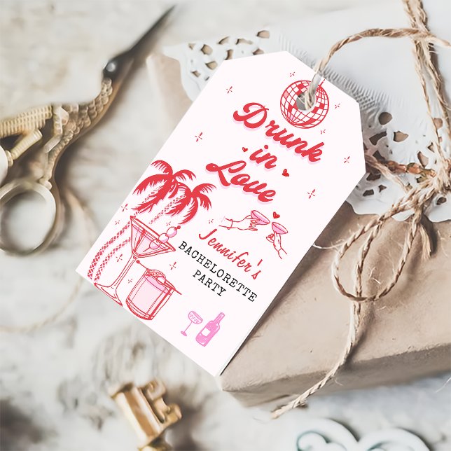 Étiquettes-cadeau Bachelorette de cocktail à la main rose Whimsical (Créateur téléchargé)