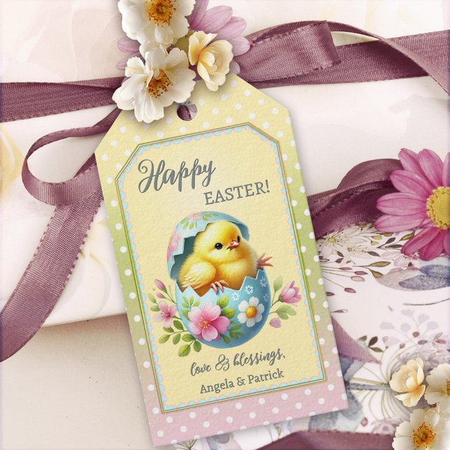 Étiquettes-cadeau Baguette cadeau de Pâques pour bébé mignon (A sweet Easter gift tag featuring a painting of a cute chick in an egg with spring flowers.)