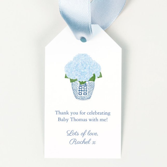Étiquettes-cadeau Bain de bébé Jarre Ginger Hydrangea Bleu Et Blanc (Chinoiserie Chic Watercolor Navy Blue & White Ginger Jar With Blue Hydrangeas Baby Shower Favor Tags)