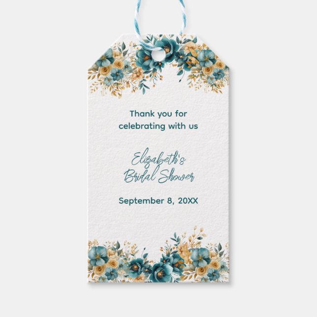 Étiquettes-cadeau Bain de mariage floral aquarelle bleu-vert et or (Devant)