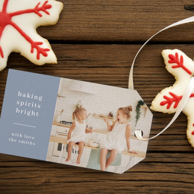 Étiquettes-cadeau Baking Spiritueux | Blue Grey Fun Kids Photo (Modern photo Christmas gift tags - “Baking Spirits Bright” for sweet holiday perfection)
