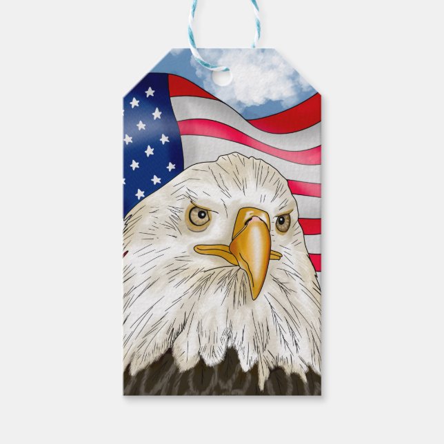 Étiquettes-cadeau Bald Eagle devant le drapeau américain Art patriot (Devant)