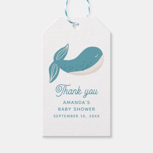 Étiquettes-cadeau Baleine bleue. Baby shower animal marin merci (Devant)
