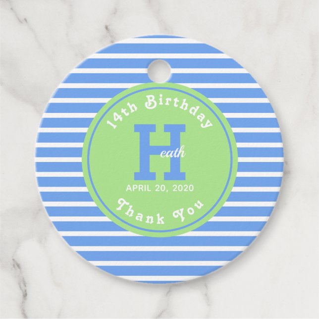 Étiquettes Cadeau Balise Anniversaire Bleu ⎮ Blanc Vert Favoriser (Devant)