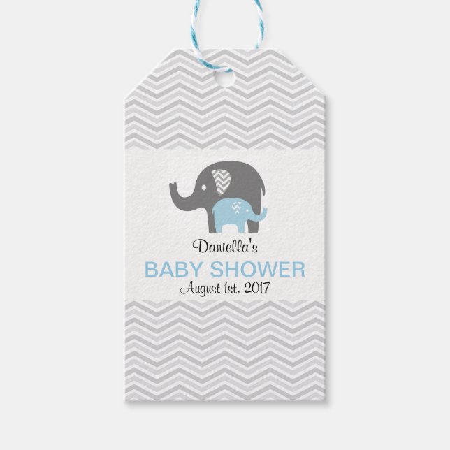 Étiquettes-cadeau Balise Baby shower Eléphant bleu Chevron (Devant)