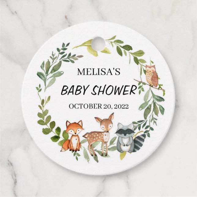 Étiquettes Cadeau Balise Baby shower Favoriser les animaux de bois (Devant)
