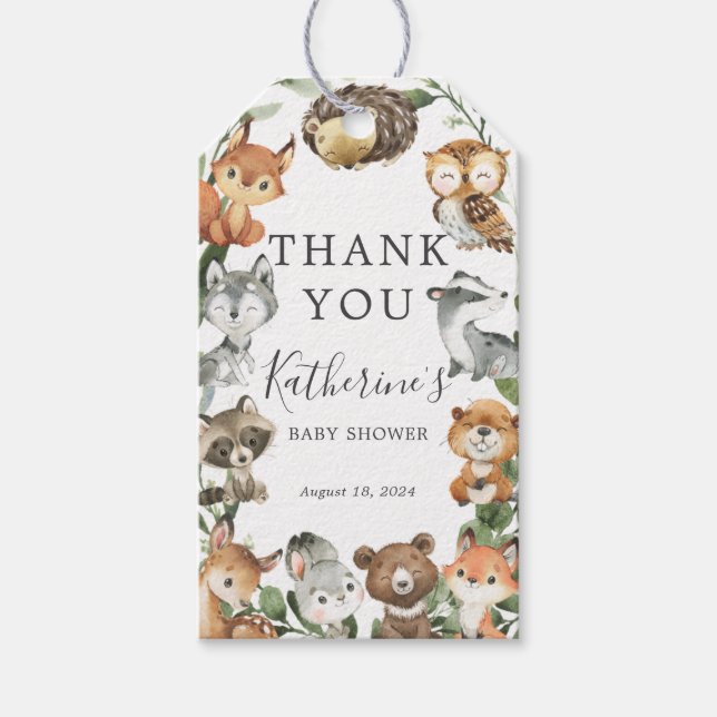 Étiquettes-cadeau Balise Baby shower Favoriser les animaux de bois (Devant)