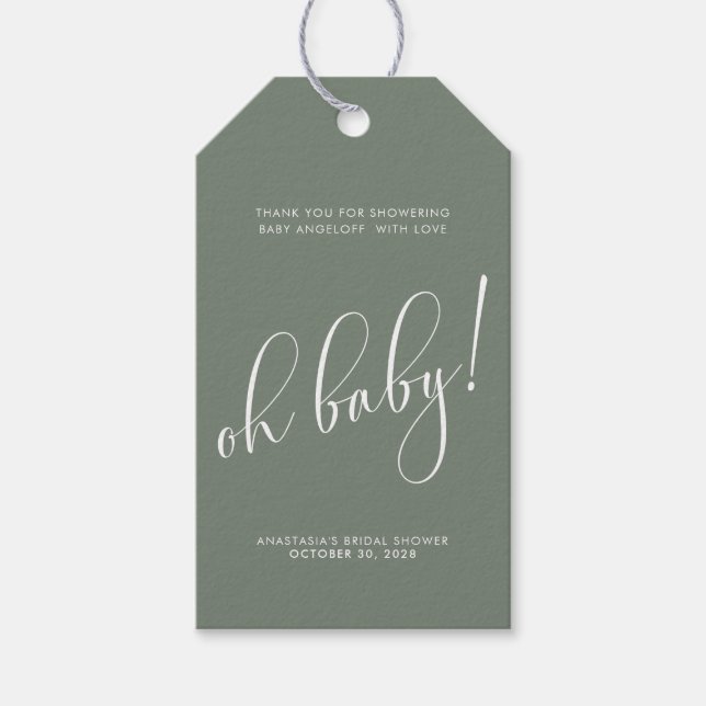 Étiquettes-cadeau Balise baby shower Moderne Script Sage Favoriser (Devant)