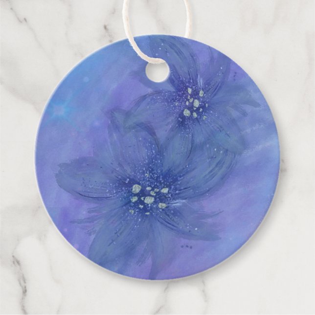 Étiquettes Cadeau Balise Bleu Aquarelle Fleurs Rond Cadeau / Prix (Devant)