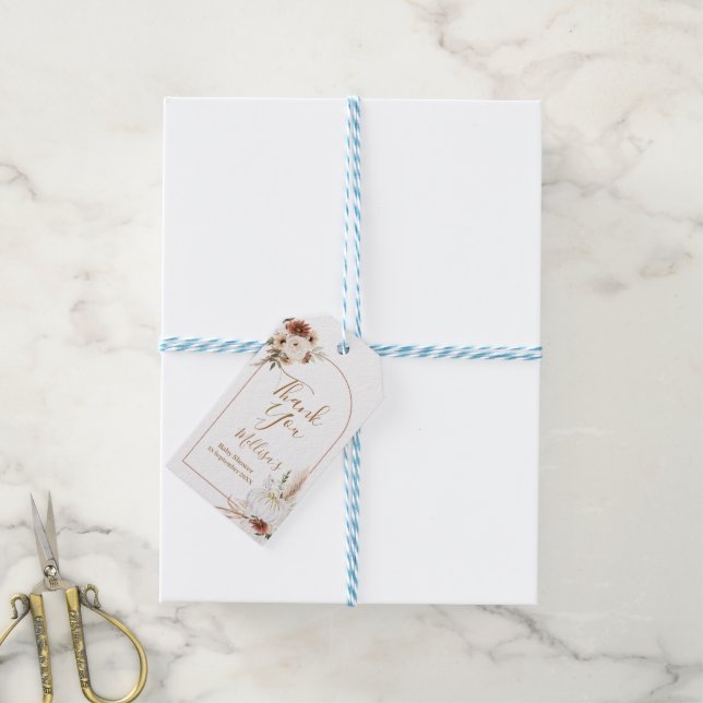 Étiquettes-cadeau Balise Boho Arch Citrouille blanc Merci floral (Avec de laficelle)