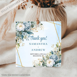 Étiquettes Cadeau Balise Boho Dusty Blue White Flowers Gold Merci