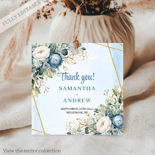 Étiquettes Cadeau Balise Boho Dusty Blue White Flowers Gold Merci