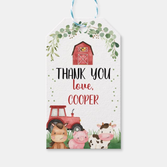 Étiquettes-cadeau Balise Boys Red Barn Tractor Farm Anniversaire Fav (Devant)