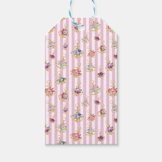 Étiquettes-cadeau Balise cadeau Ancres florales sur bandes roses (Devant)