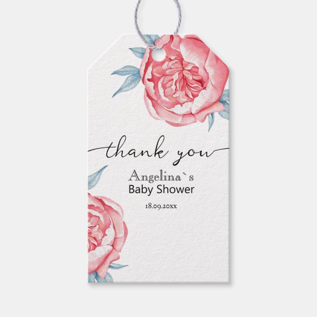 Étiquettes-cadeau Balise cadeau baby shower avec des pivoines aquare (Devant)