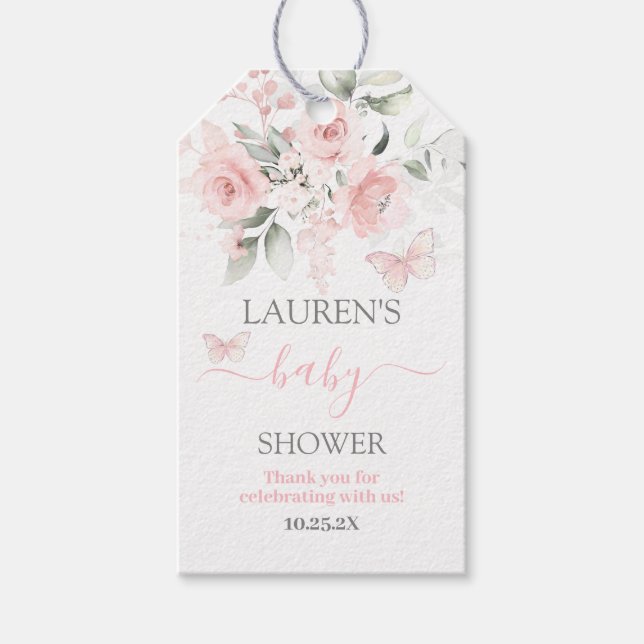 Étiquettes-cadeau Balise cadeau Baby shower floral rose papillon (Devant)