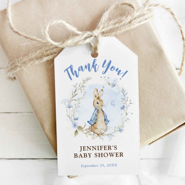 Étiquettes-cadeau Balise cadeau Baby shower lapin Flopsy bleu pour g (Créateur téléchargé)