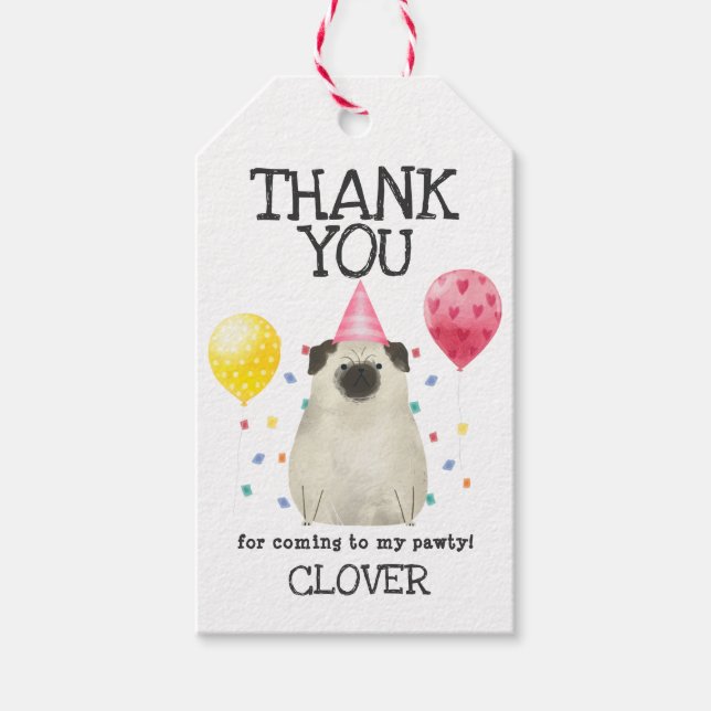 Étiquettes-cadeau Balise cadeau carlin Pawty Dog Anniversaire Merci  (Devant)