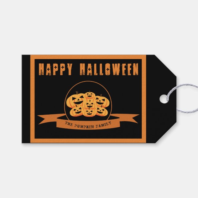 Étiquettes-cadeau Balise cadeau citrouille Halloween noir et orange (Devant (Horizontal))