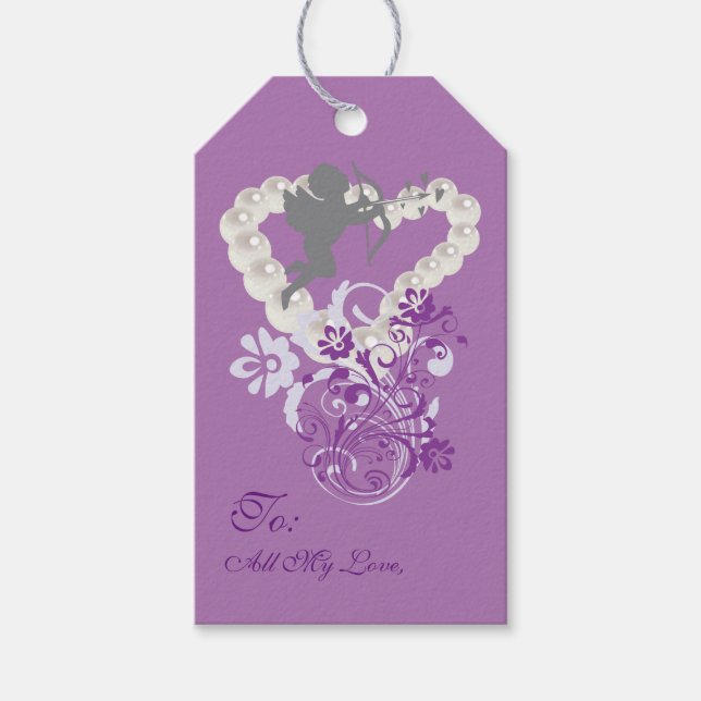 Étiquettes-cadeau Balise Cadeau Cupid Floral Perles coeur pourpre (Devant)