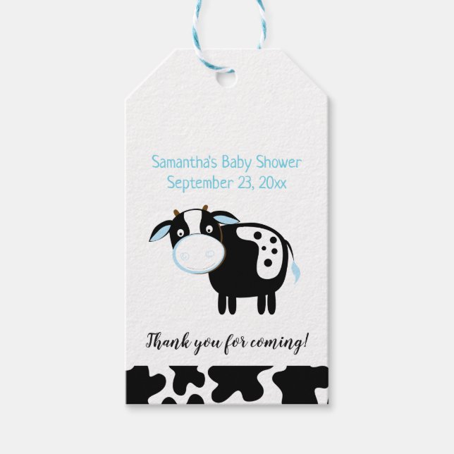 Étiquettes-cadeau Balise cadeau de Baby shower de vache laitière ble (Devant)