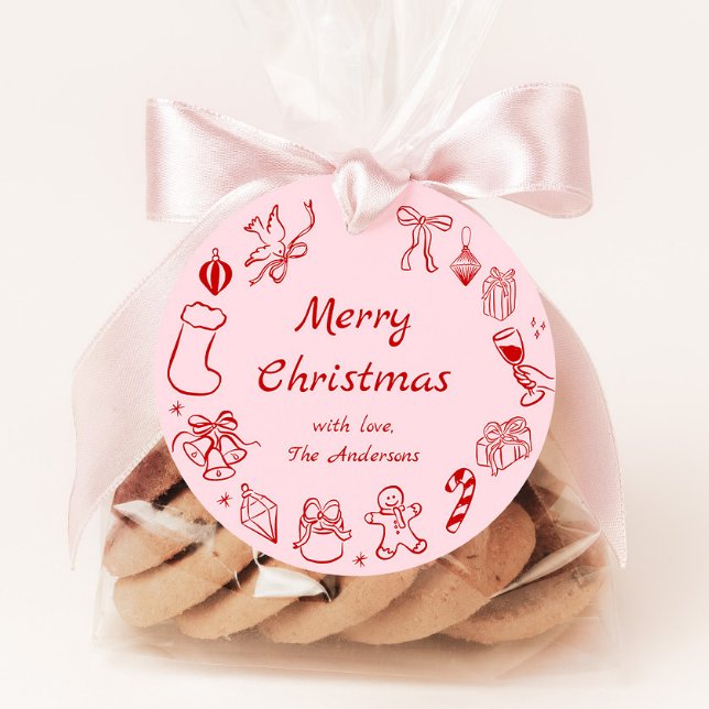 Étiquettes Cadeau Balise cadeau de Noël avec Doodle à main rose (Créateur téléchargé)