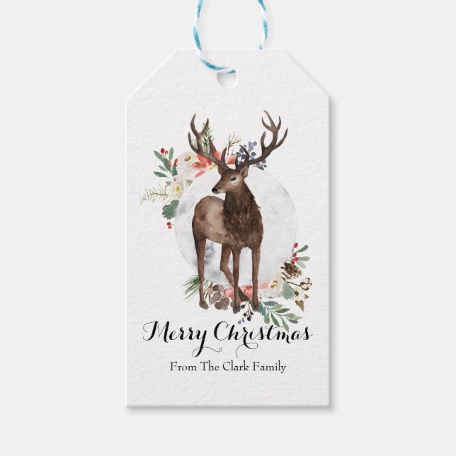 Étiquettes-cadeau Balise cadeau de Noël de cerf d'aquarelle (Devant)