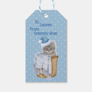 Étiquettes-cadeau Balise cadeau de Noël Kitty with Blue Santa Hat