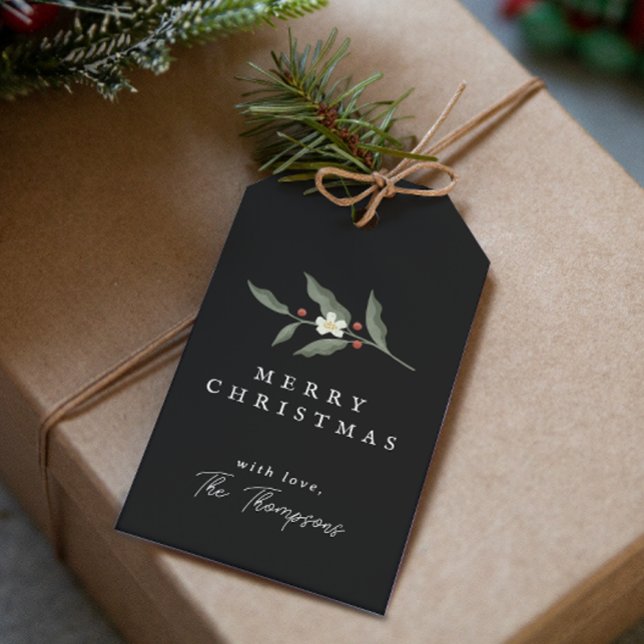 Étiquettes-cadeau Balise cadeau de Noël noir floral tiré à la main (Hand Drawn Floral Black Christmas Gift Tag)