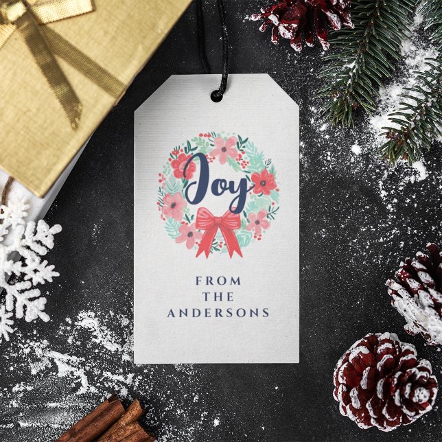 Étiquettes-cadeau Balise cadeau de Noël Red Bow Wreath Blue Joy (Créateur téléchargé)