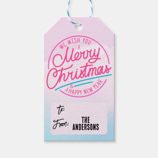 Étiquettes-cadeau Balise cadeau de Noël rose Joyeux À partir de Nom  (Devant)