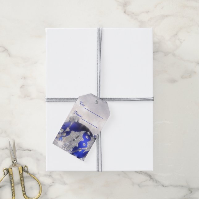 Étiquettes-cadeau Balise cadeau de Noël Silver and Blue Joyeux (Avec de la ficelle)