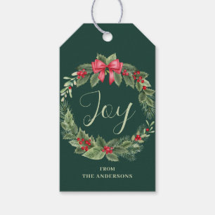 Étiquettes-cadeau Balise cadeau de Noël Wreath Green Joy Name