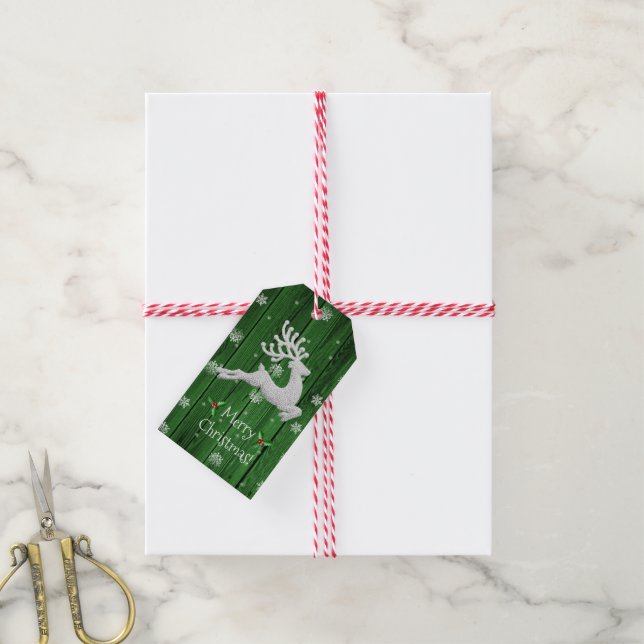 Étiquettes-cadeau Balise cadeau de rennes de Noël rustique vert (Avec de la ficelle)