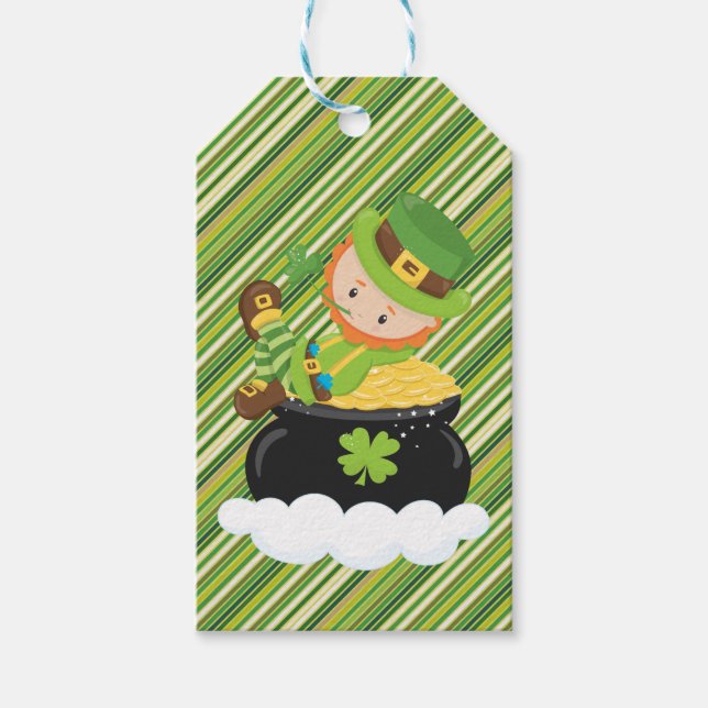 Étiquettes-cadeau Balise cadeau Diagonal Stripe Leprechaun (Devant)