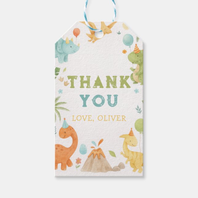 Étiquettes-cadeau Balise cadeau Dinosaure Aquarelle personnalisée (Devant)