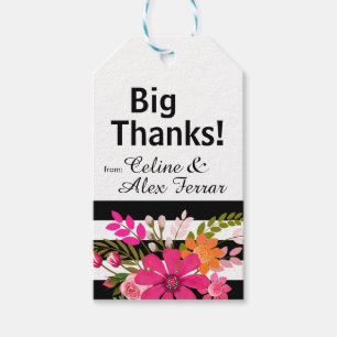 Étiquettes-cadeau Balise cadeau Fleurs rayées noir et blanc fuchsi