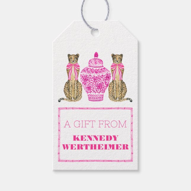 Étiquettes-cadeau Balise cadeau Hot Pink Cheetah Chinoserie (Devant)
