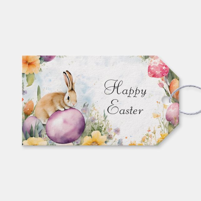 Étiquettes-cadeau Balise cadeau lapin et oeufs de Pâques de fleurs (Devant (Horizontal))